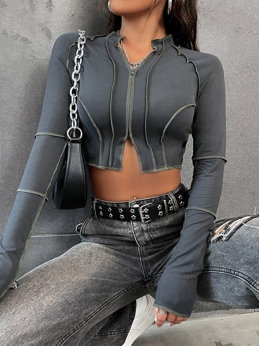 Women's Zipper Crop Tee with Raglan Sleeves - Ideal for Autumn Fashion