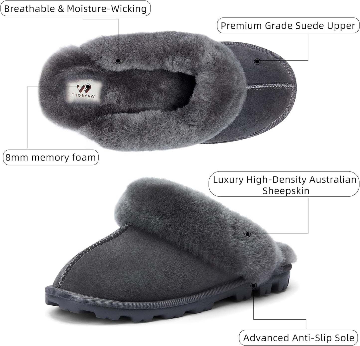 Women'S Genuine Australian Sheepskin Slippers, 100% Shearling, 8Mm Memory-Foam, Hard Bottom Slipper