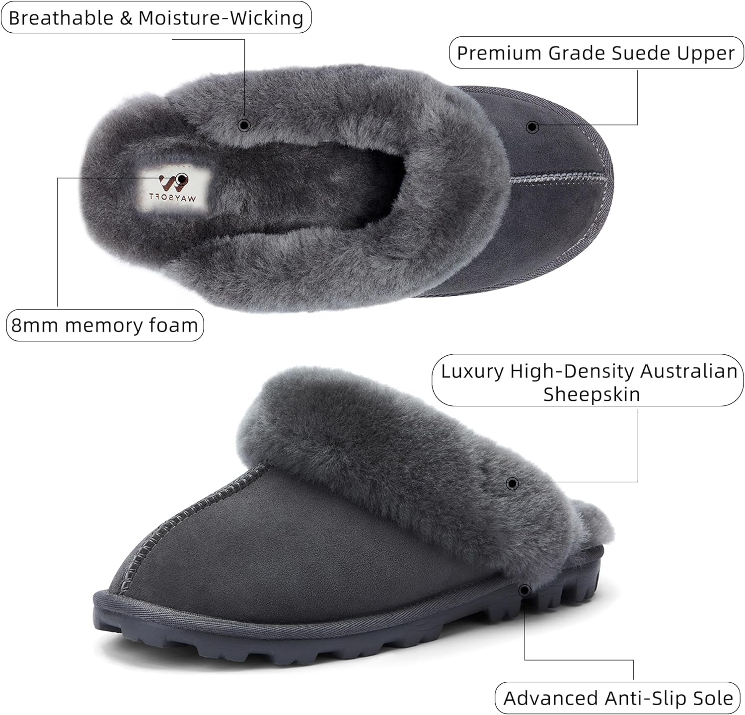 Women'S Genuine Australian Sheepskin Slippers, 100% Shearling, 8Mm Memory-Foam, Hard Bottom Slipper