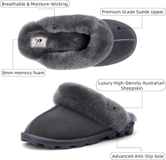 Women'S Genuine Australian Sheepskin Slippers, 100% Shearling, 8Mm Memory-Foam, Hard Bottom Slipper